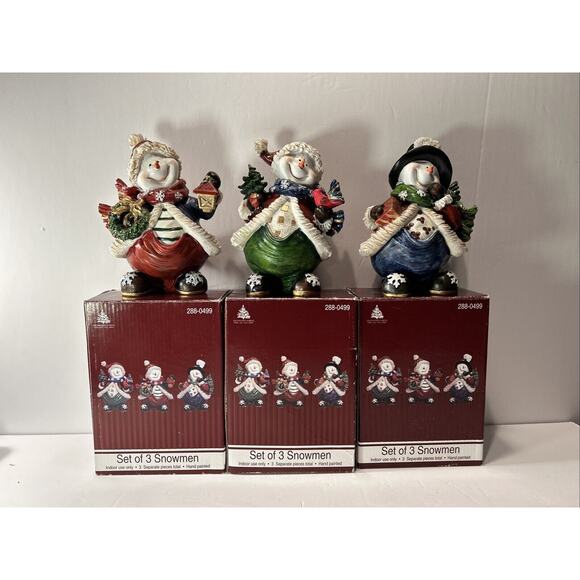 Set of 3 Hand Painted Snowmen Figurines Christmas Winter Decor 6" Tall - Picture 1 of 16